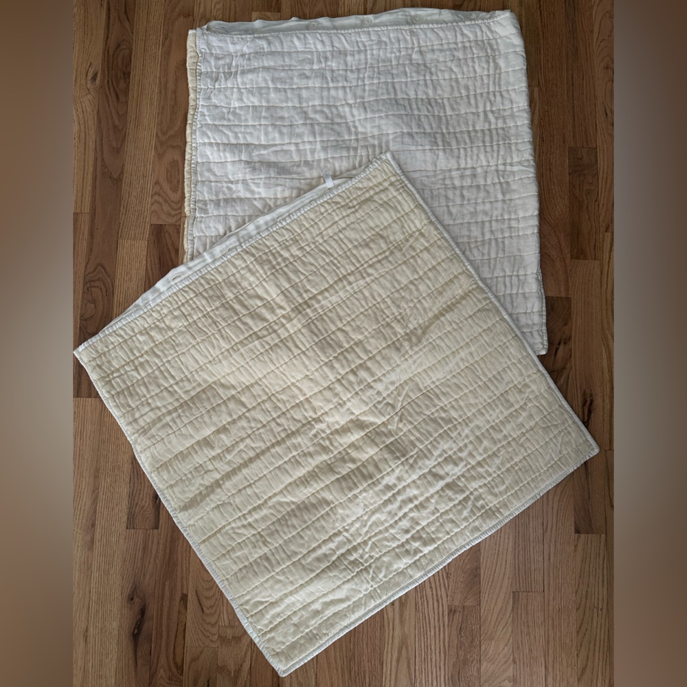 2 Pottery Barn Cream Gold Silk and Cotton Euro Shams Button Closure